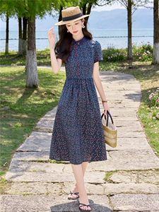 田园风斜领碎花刺绣连衣裙女春夏收腰显瘦中长裙（细节图颜色为）图片