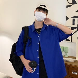 C6042/P35夏款2023新款港风冰丝克莱因蓝衬衣男开衩短袖衬衫控58图片