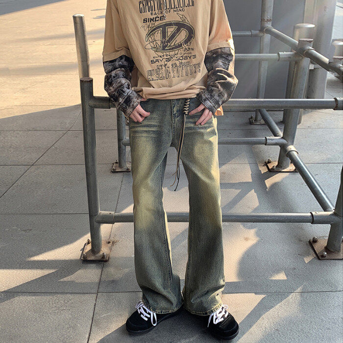 25年美式高街vibe做旧水洗牛仔裤男女ins直筒微喇裤子-X2129-p65，男装牛仔裤，星座601-1