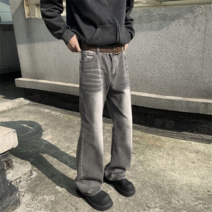 烟灰牛仔裤男秋冬款美式痞帅高级感裤子宽松直筒微喇裤N2106-P48图片