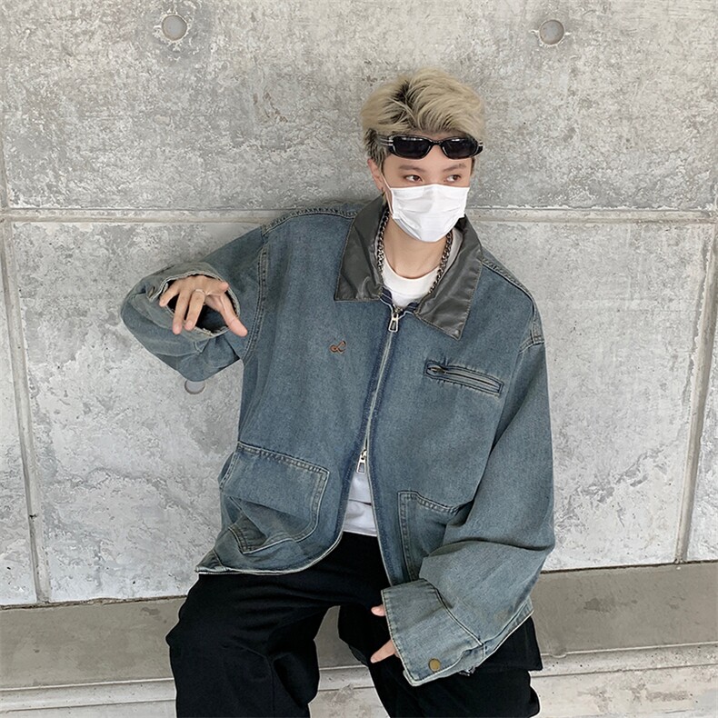 新款皮领拼接拉链款牛仔外套春秋季男款潮牌夹克图片
