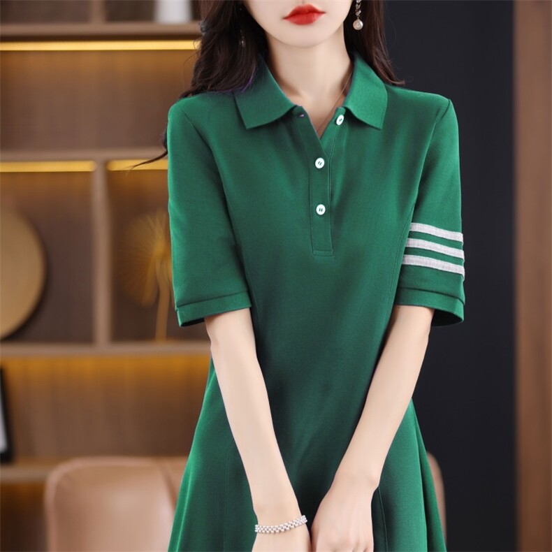 24夏季新款中长款连衣裙女POLO领运动显瘦长裙休闲短袖t恤打底衫，女装连衣裙，臻维羊绒
