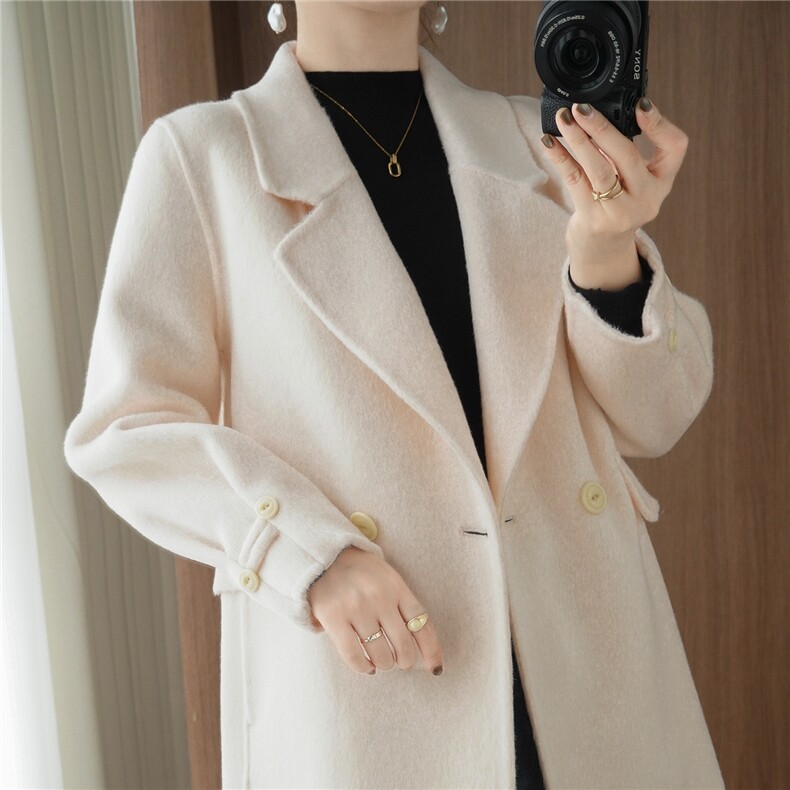 双面毛呢大衣外套女士春秋冬季2025年新款休闲小个子中长呢子大衣，女装双面呢大衣，贝源羊绒