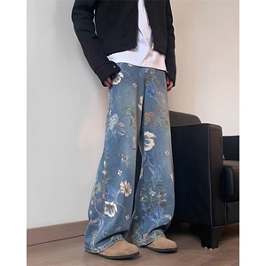 1506/QB1450/P52hiphop网红同款花卉满印潮牌高街休闲直筒裤图片