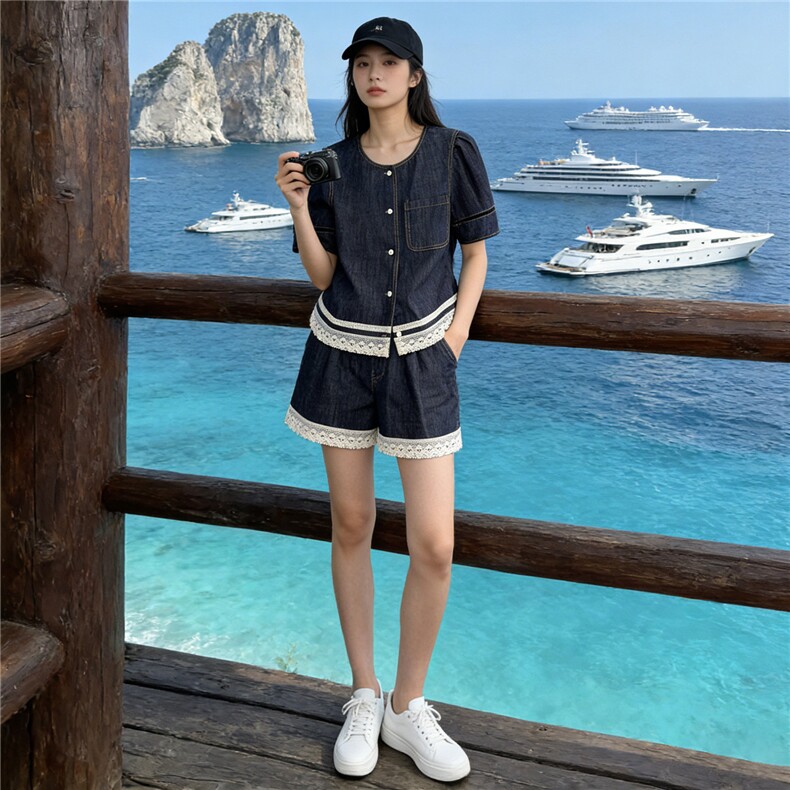 学院风网红时尚套装女夏新款圆领花边设计短袖上衣阔腿短裤两件套,女装套装/套裙,江南