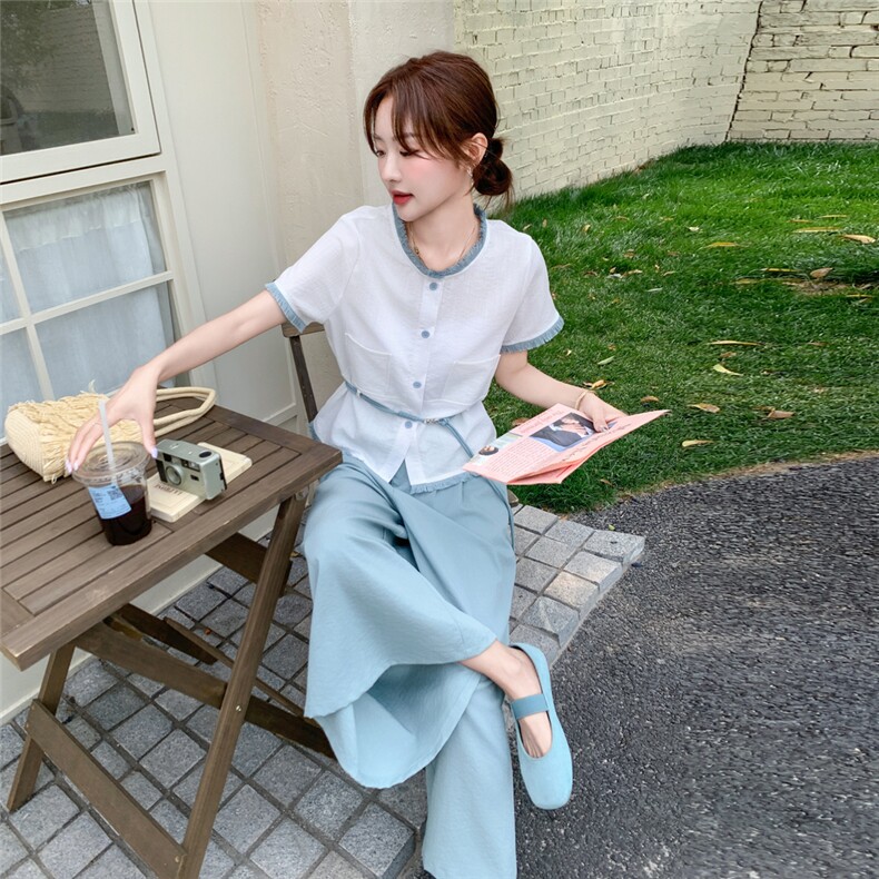 韩系淑女风穿搭白色衬衫配蓝色阔腿裤女夏2025年休闲气质减龄套装,女装套装/套裙,2C129