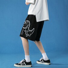 K202P25蓝底百搭休闲学生青年情侣卡通恐龙印花港风五分裤短裤，男装休闲裤，电商A050