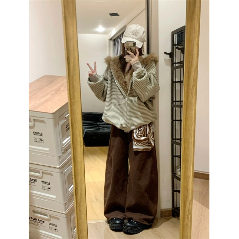 1506-1/MA2791/P78美式复古毛领条纹连帽卫衣外套冬加绒小众情侣,女装短外套,星座1506-1