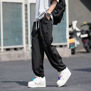 裤子男春秋款宽松垂感直筒休闲裤痞帅拼接黑色束脚工装裤 kZ05图片
