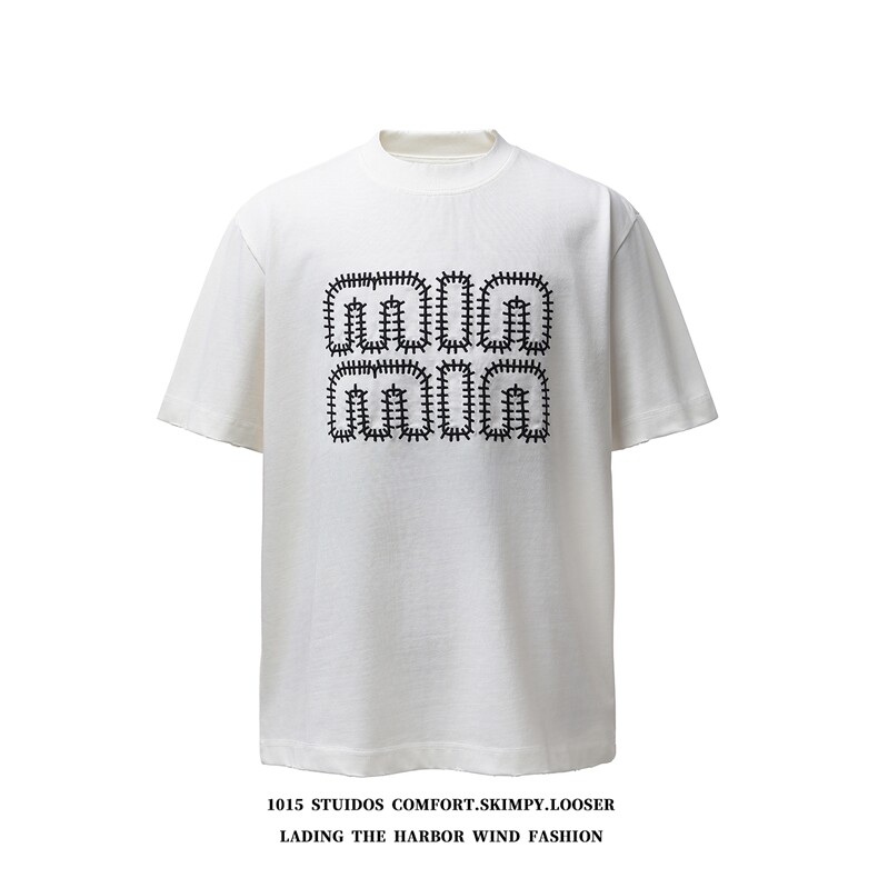 2026春夏季新款重磅350克双纱字母刺绣圆领短袖T恤1015-T606-P59，男装T恤，四季星座1015