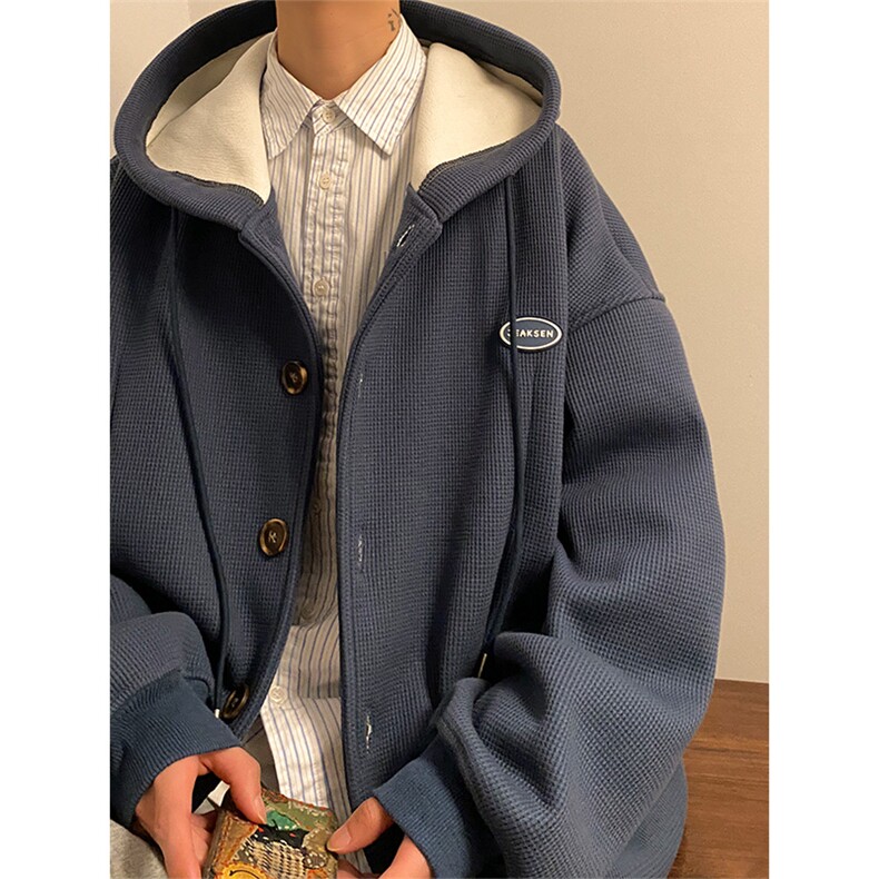 华夫格外套男春季纽扣开衫连帽oversize复古棉衣-JK23102-P65控88,男装卫衣,星座605(原A050)