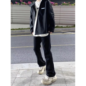 美式高街vibe裤子男黑色修身牛仔裤高腰直筒微喇长裤KZ7028-P40