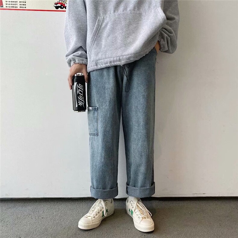 ins港风潮流老爹阔腿裤男士潮牌直筒牛仔裤复古休闲工装裤k52-p35图片