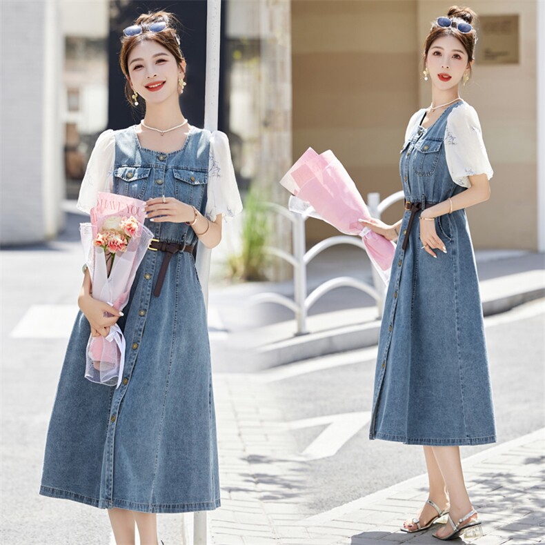 韩版拼接中长款水洗牛仔连衣裙女夏款2024新款方领泡泡袖连衣裙，女装套装/套裙，然然