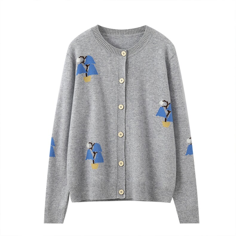 2025年秋季常规款单件长袖圆领落肩袖单排扣时尚百搭针织开衫，女装针织衫/毛衣，锦驼羊绒