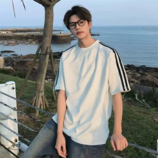 抖音得物品质二开240克宽松纯棉美式潮牌印花三条杠中性风短袖T恤，男装T恤，电商A486