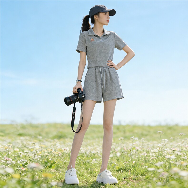 女夏季新款运动休闲套装高级感时尚百搭翻领上衣阔腿短裤两件套潮，女装套装/套裙，江南