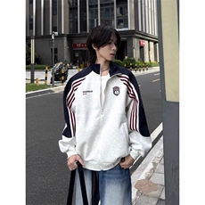 插肩袖条纹开衫卫衣夹克男女款秋季美式运动宽松休闲撞色立领外套，男装夹克，星座506A