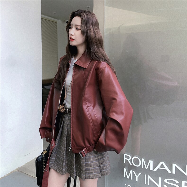 时髦炸街红色皮衣外套女2025秋季新款港风复古高级感气质短款夹克,女装皮衣,2D008