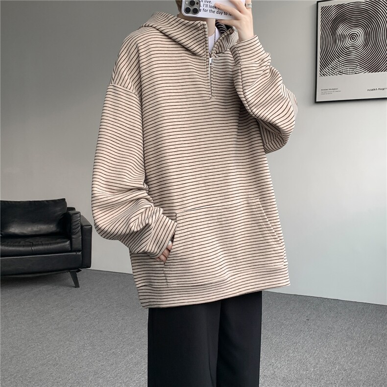 重磅绒感半拉链高领卫衣大码条纹撞色上衣美式连帽外套LW606特P58,女装短外套,电商B215