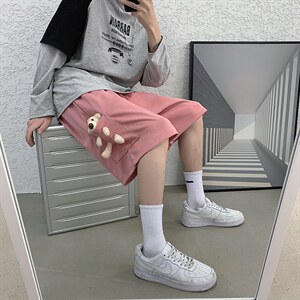 小熊玩偶短裤男夏季薄款设计感小众休闲宽松潮牌港风情侣五分裤子图片