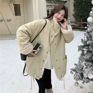 韩系羊羔毛外套女秋冬皮毛一体毛领保暖加厚立领派克服毛绒外套
