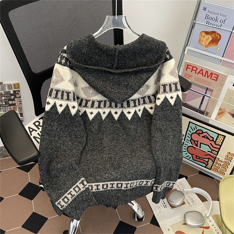 费尔岛灰色牛角扣连帽毛衣外套女秋冬季加厚宽松慵懒复古针织开衫,男装针织衫/毛衣,星座506A