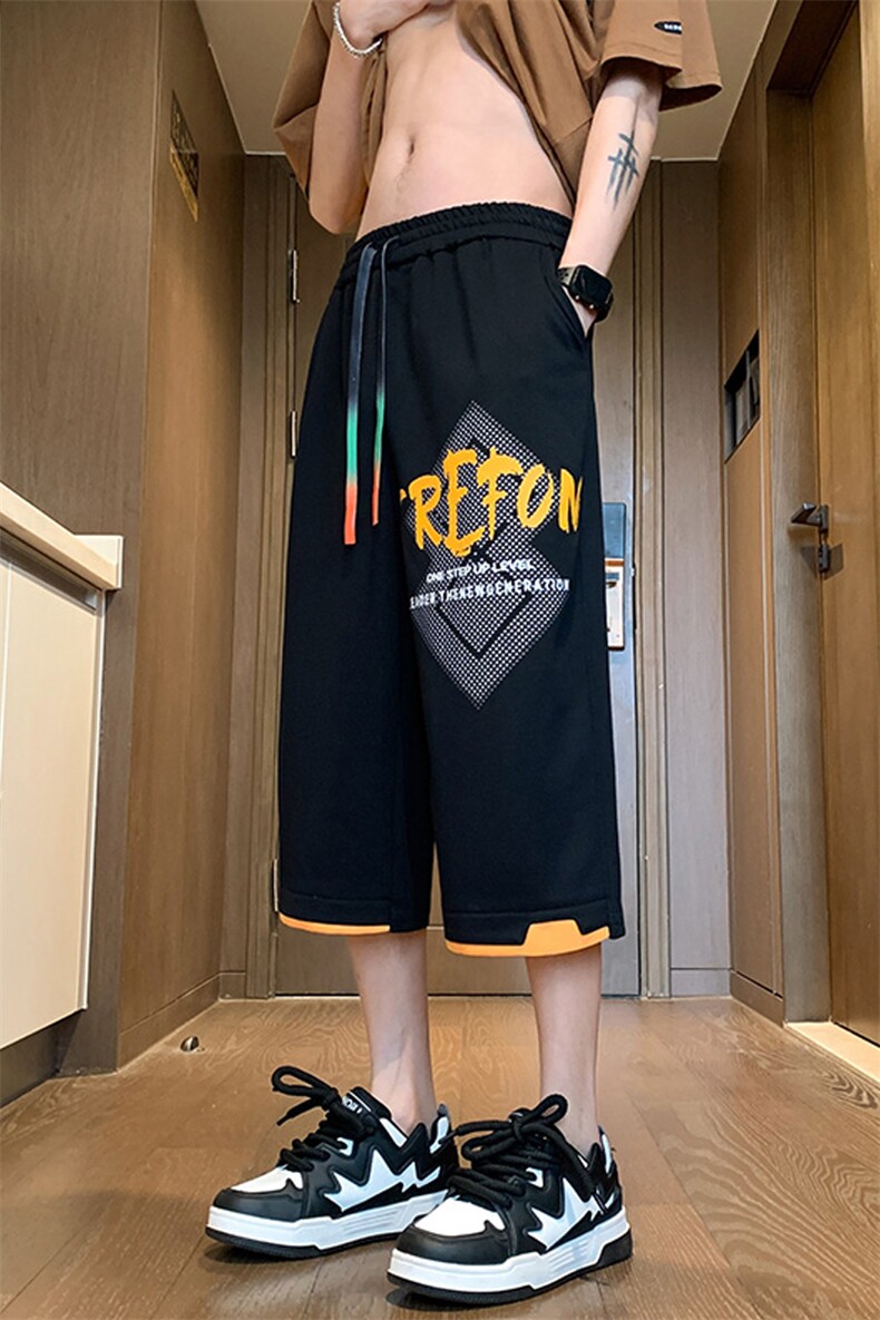 美式七分裤男重磅300克菠萝格重工印花7分阔腿中裤-2472-P26-控58,男装牛仔裤,星座207
