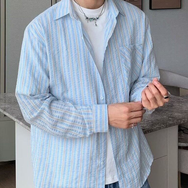 少年感穿搭纯棉条纹衬衫男长袖高级感美式复古潮牌帅春秋衬衣外套,男装衬衫,星座715-4