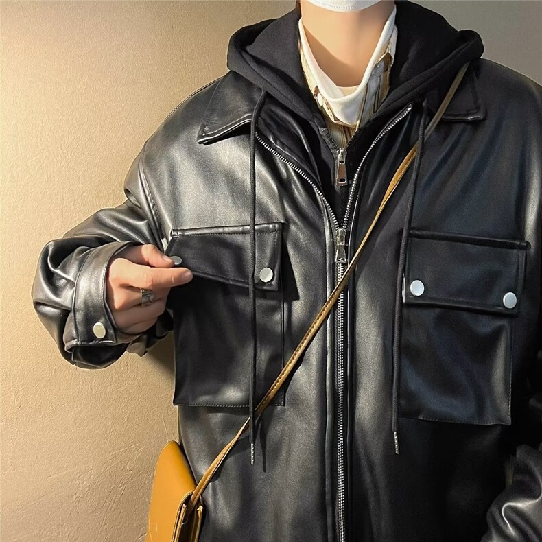假两件皮衣男韩版潮流高街帅气连帽2024秋冬新款ins外套W4476-P75，男装皮衣，星座412-2