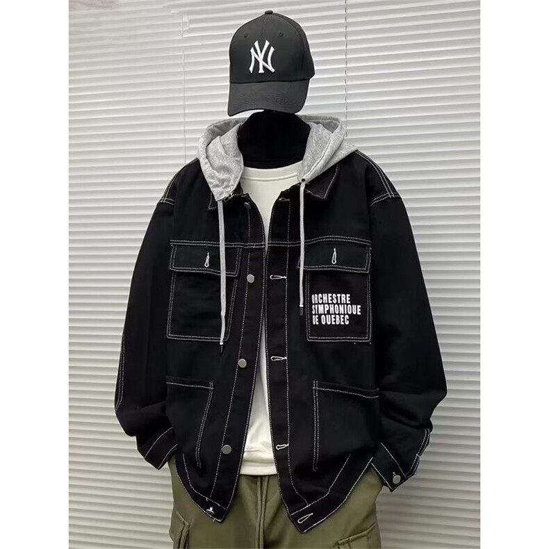 秋冬款男牛仔夹克衫连帽工装大口袋字母印花外套JK027P70,男装夹克,星座1013-1