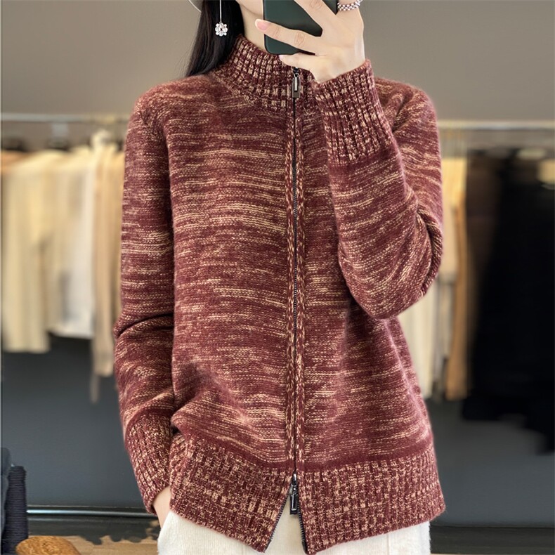 秋冬新款半高领羊绒开衫女长袖毛衣宽松百搭加厚羊毛针织外套上衣，女装羊毛衫，忠诺羊绒