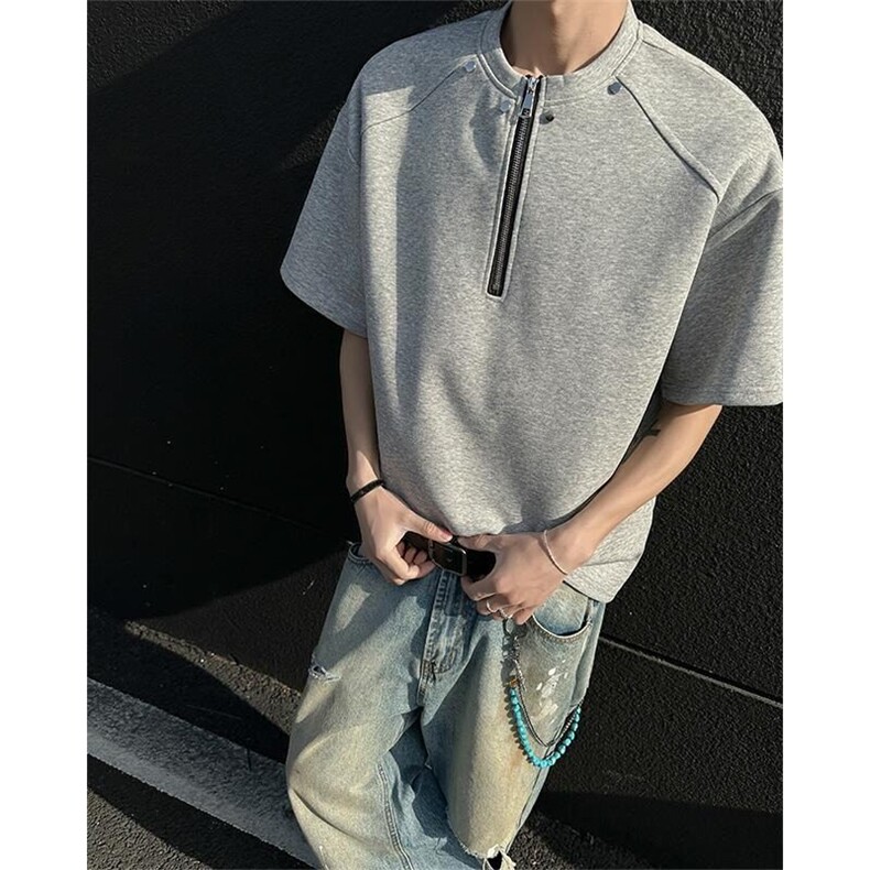 嘻哈设计感机能半拉链短袖男夏季高街复古美式cleanfitT恤半袖,男装T恤,星座506A
