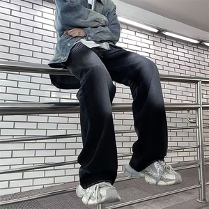 美式高街牛仔裤男潮牌宽松显瘦垂感直筒休闲阔腿长裤RK1134-P45,黑衣黑裤搭配黑白板鞋图片