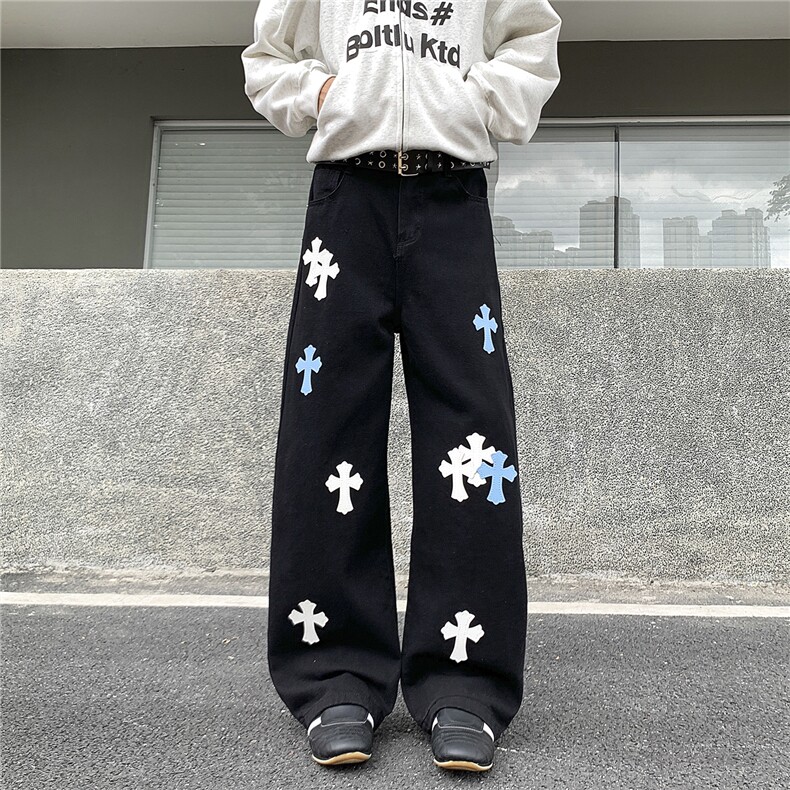 NZ01-P45控78美式高街十字架牛仔裤男潮牌痞帅宽松直筒vibr长裤,男装牛仔裤,星座403（原603-1）