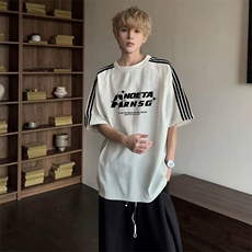 抖音得物品质二开240克宽松纯棉美式潮牌印花三条杠中性风短袖T恤，男装T恤，电商A486