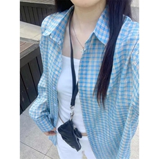 TC767-p45蓝色格子衬衫上衣女2026新款春秋季薄款慵懒风休闲宽松，女装衬衫，星座617A-2