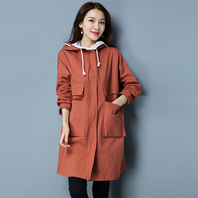 拉链褶皱口袋纽扣中长款常规长袖2021年秋季连帽通勤纯色，女装大码女装，独衣靓