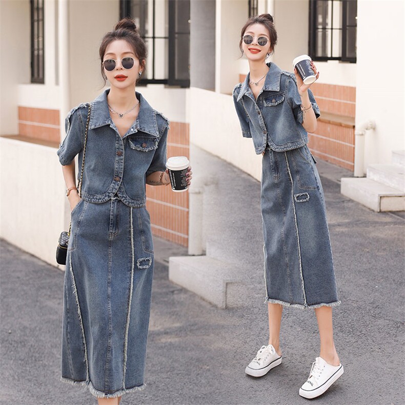 时尚牛仔套装女夏季新款显瘦气质两件套裙子小香风外套连衣裙，女装套装/套裙，秋水欣儿