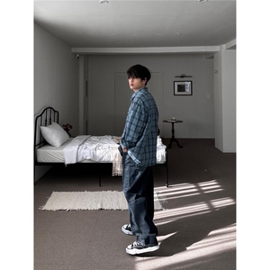 美式格子衬衫男潮牌宽松慵懒风设计长袖衬衣2025新款痞帅撞色外套图片
