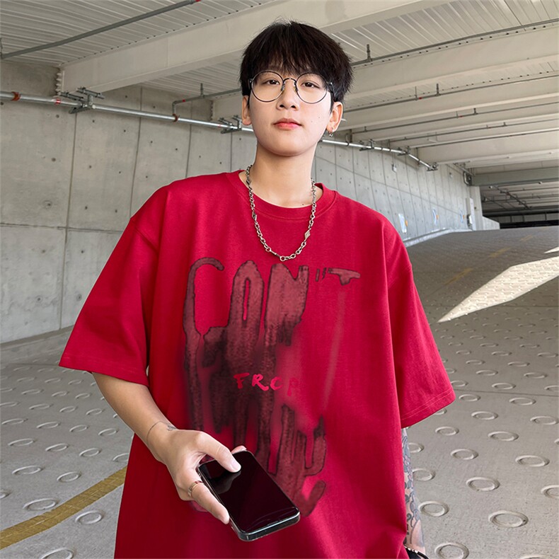 个性涂鸦短袖t恤男生夏季潮牌潮流设计感2025新款宽松五分袖上衣,男装T恤,电商A486