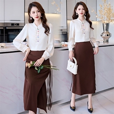 连衣裙包臀裙复古闺舍衬衫女宽松显瘦拼接长袖上衣小个子两件套，女装套装/套裙，时尚俏佳人