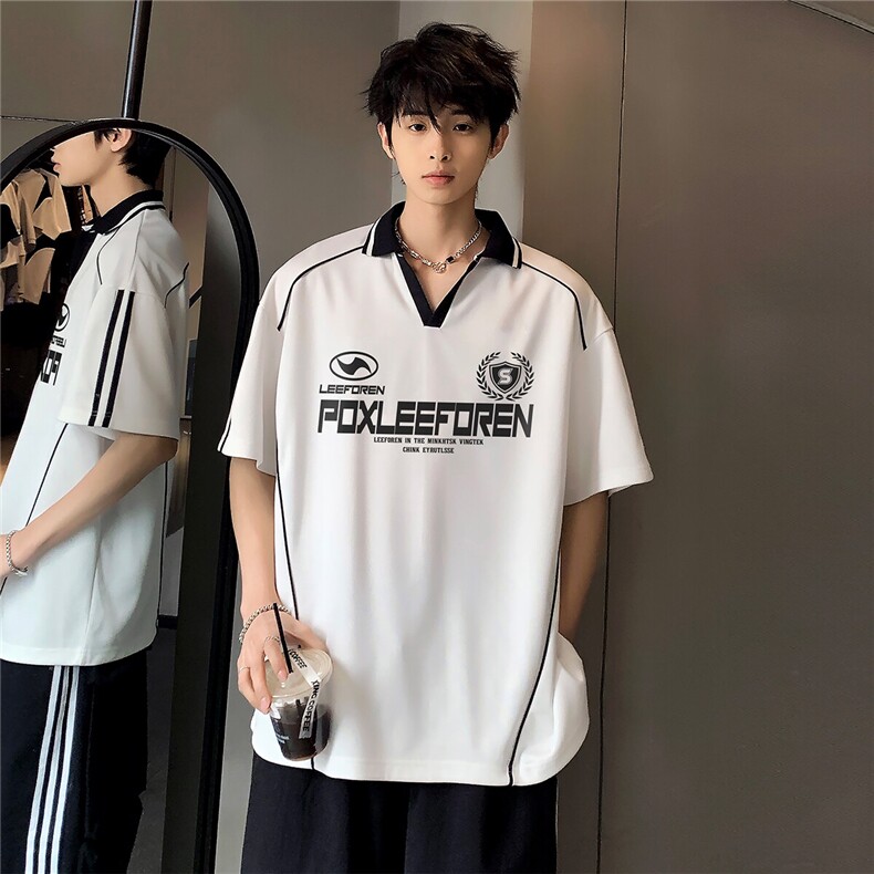 小v领黑白拼接百搭学生情侣款夏季透气polo衫个性短袖恤T171-P38,男装T恤,电商C307