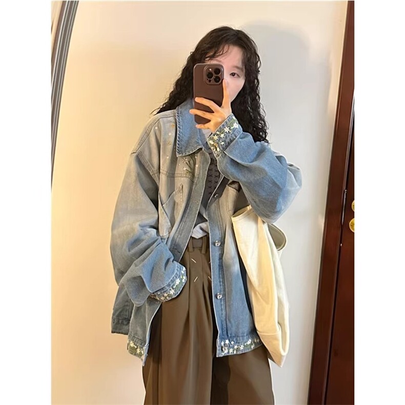 JK8973-P73美式复古秋季新款花卉潮牌设计感渐变刺绣牛仔夹克,男装夹克,电商B323A