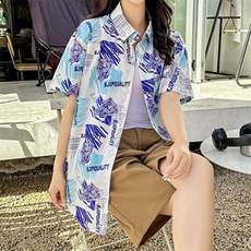 海边度假风短袖花衬衫女夏威夷ins超仙沙滩衬衣复古港风宽松上衣，男装衬衫，星座506