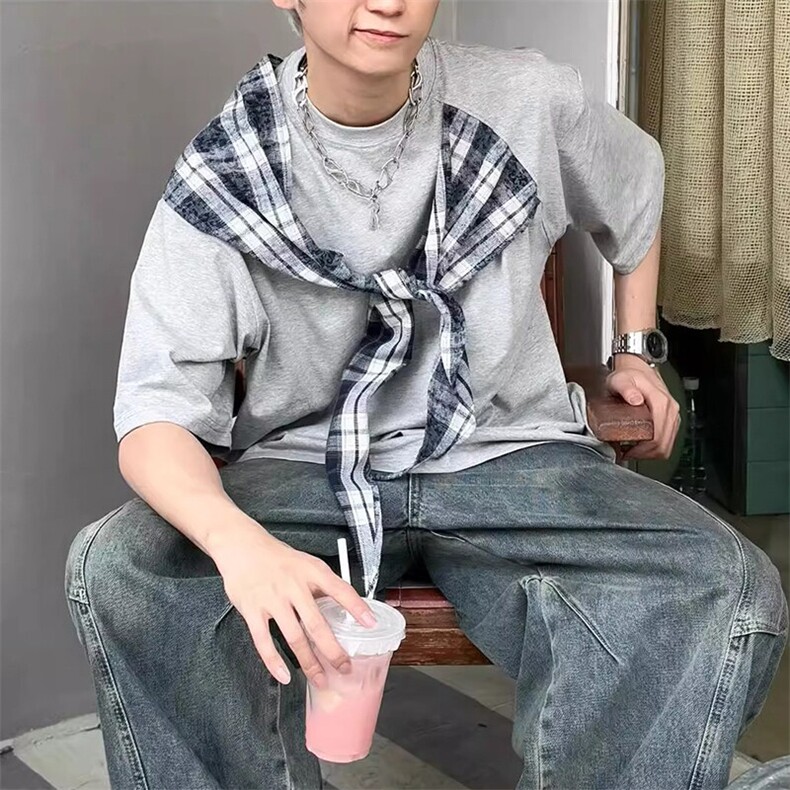 拼接格子布装饰高品质260克双纱纯棉美式高街短袖T恤特P35，男装T恤，电商A486-1