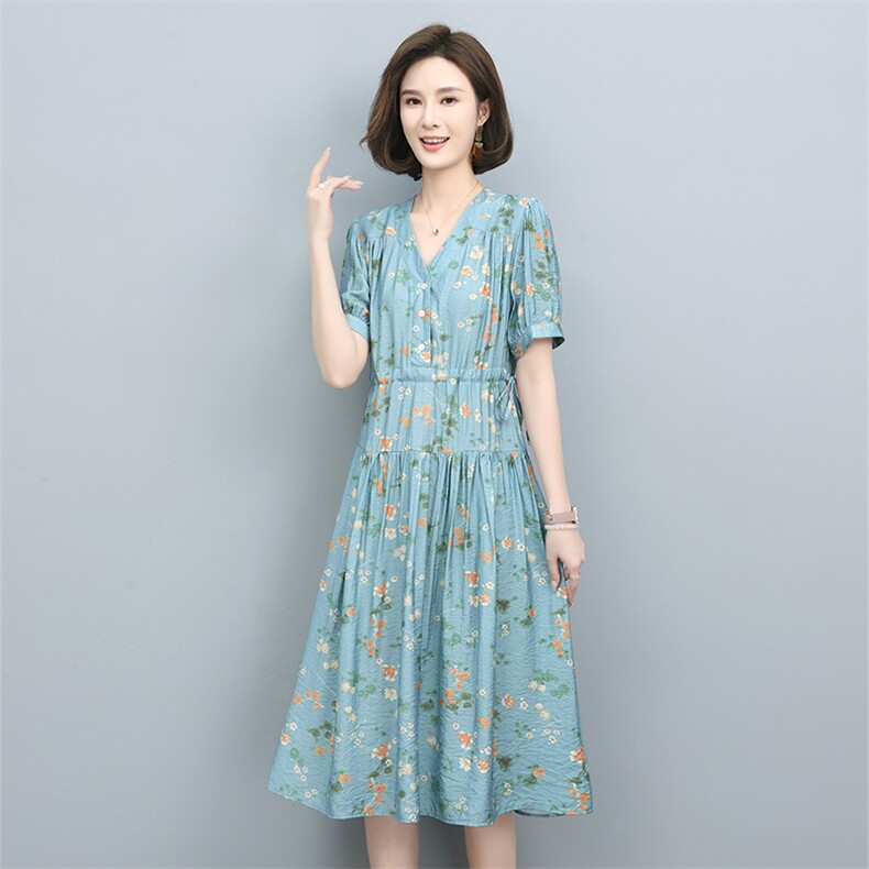 夏季新款优雅碎花连衣裙女宽松显瘦V领短袖长裙气质淑女裙,女装连衣裙,叶笙衣