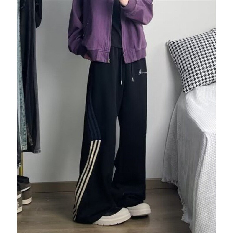 美式高街拼接条纹运动裤男女同款秋冬直筒休闲阔腿长裤子KM977,男装休闲裤,星座1116A-1（原606A）