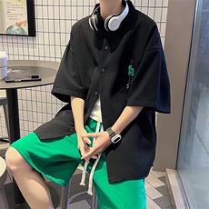 港风ins个性格短袖衬衫男垂感小众五分裤套装工装衬衣TZ0562-P58，男装衬衫，星座308B-1