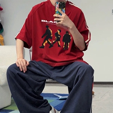 抖音得物高品质二开240克宽松纯棉美式潮牌三条杠织带短袖T恤，男装T恤，电商A486-1